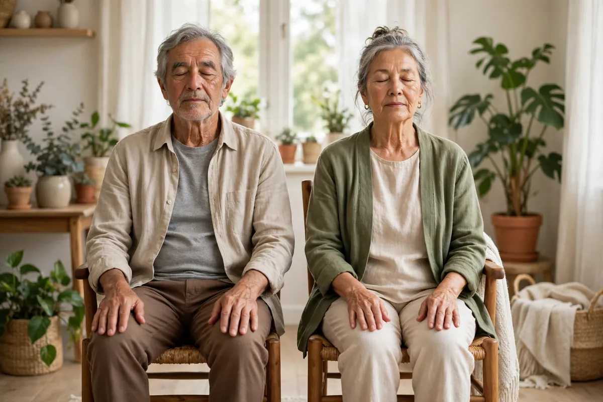Senior woman sitting tall in a sturdy chair for seated posture and breathing at the start of a chair tai chi routine