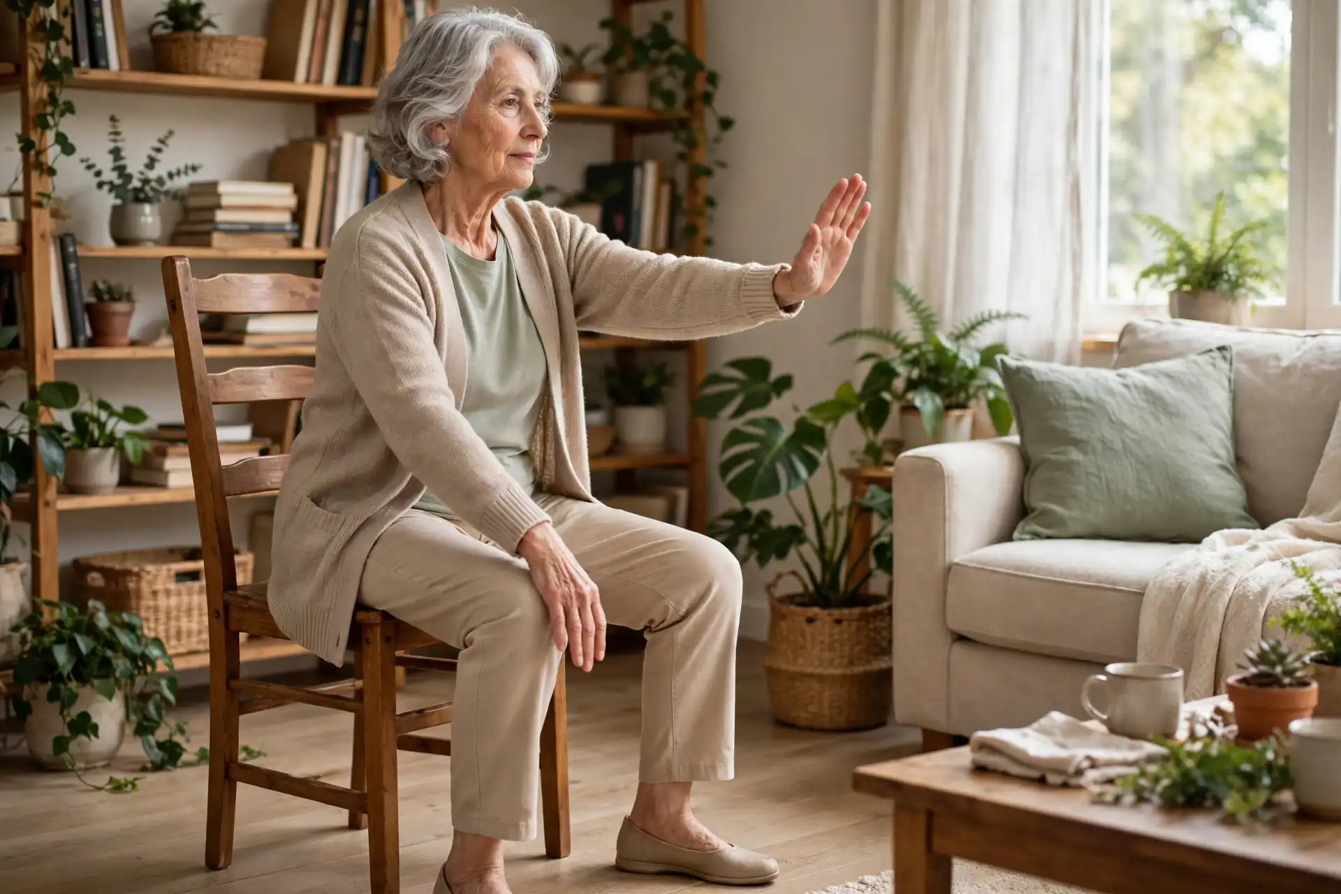 Senior woman doing Brush Knee seated in a sturdy chair, one hand brushing down past her knee while the other pushes gently forward
