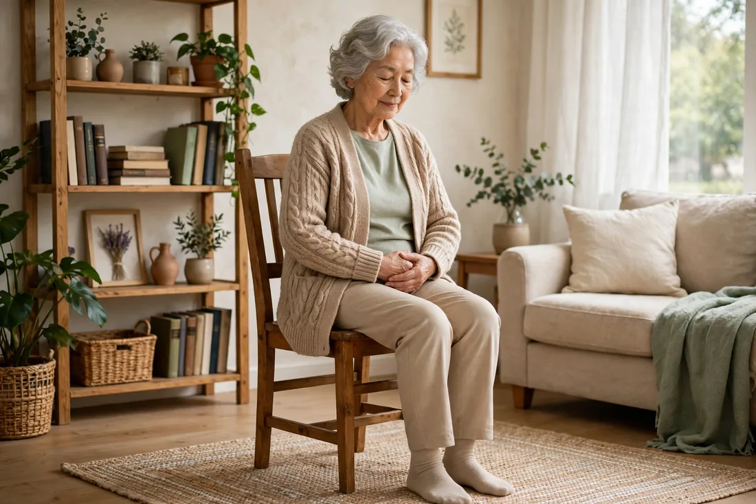 Senior woman in the seated Closing Form, hands gathered one over the other in front of her lower belly with eyes softly closed