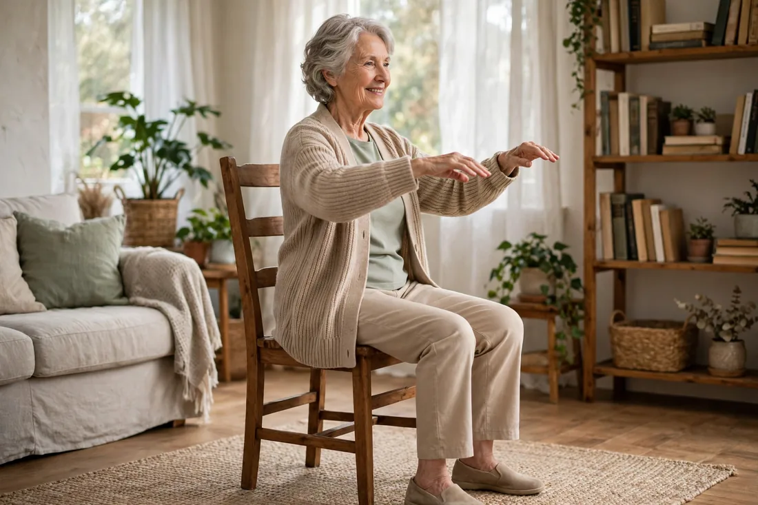 Senior woman doing the seated Commencement in a sturdy chair, both arms floated up in front to shoulder height with palms facing down