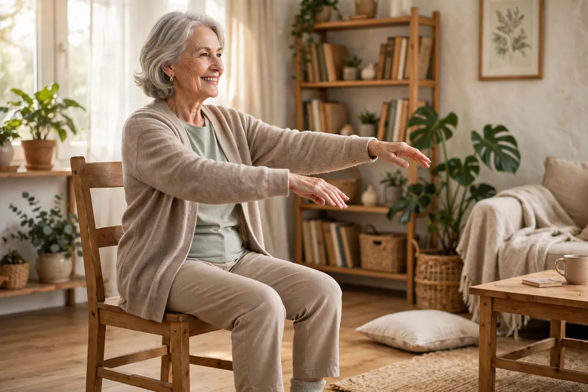 Senior woman practising gentle seated chair tai chi in a sturdy wooden chair at home