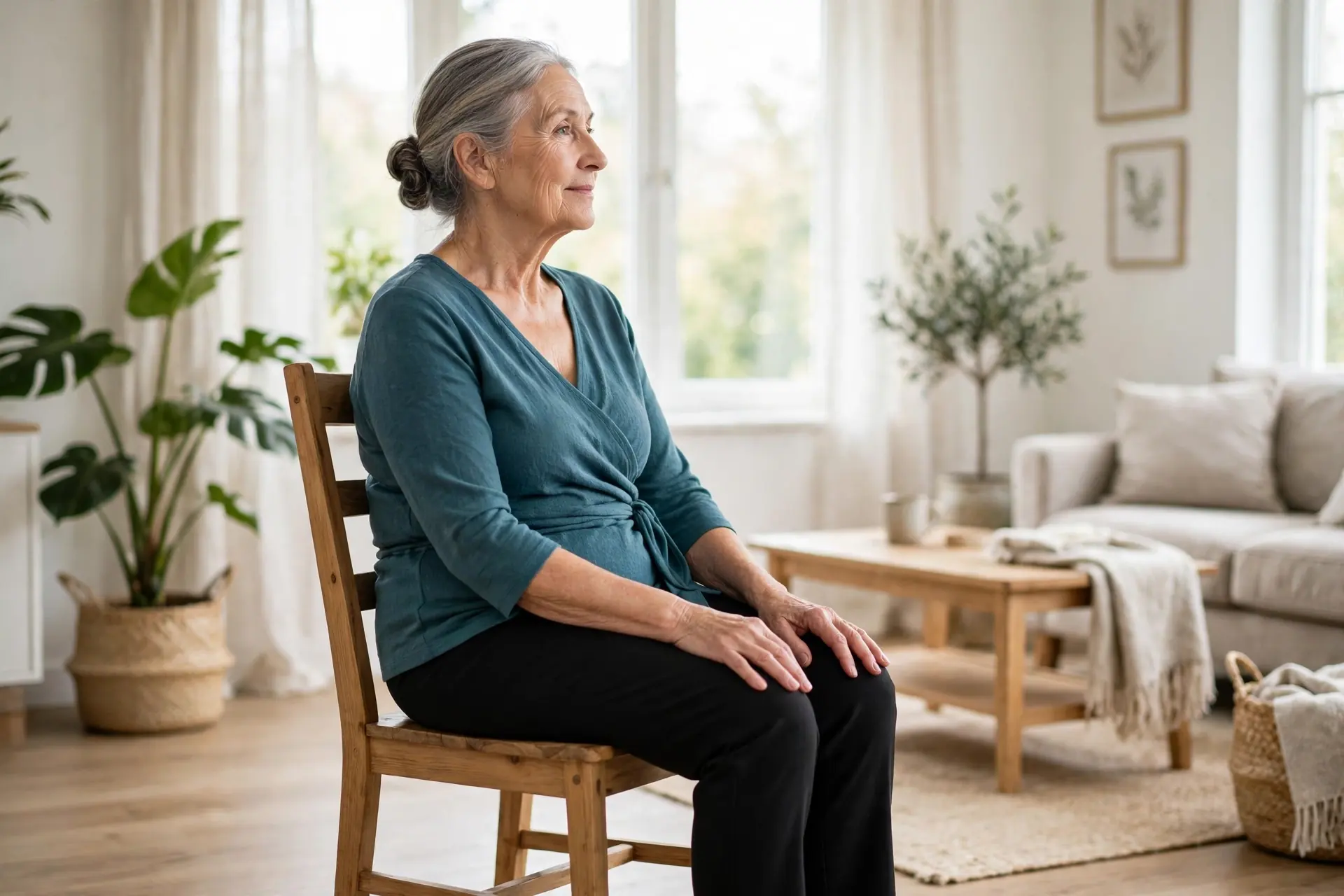 Senior woman seated in a wooden chair doing a gentle neck rotation, head turned to look over one shoulder, hands on her thighs