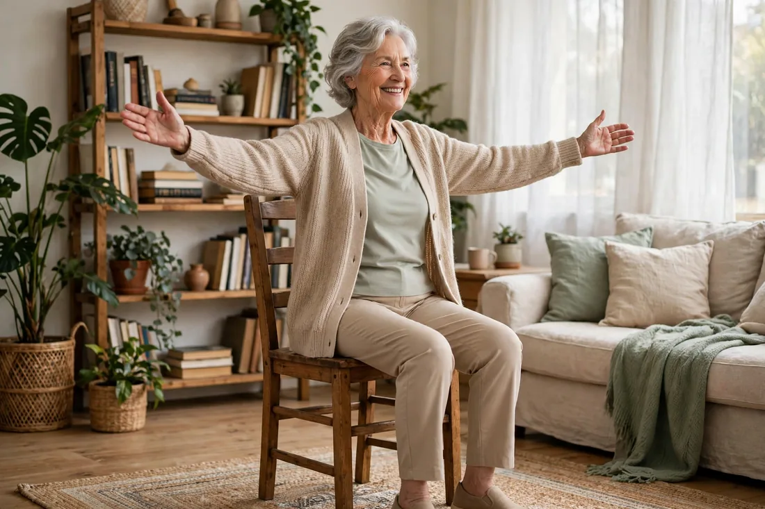 Senior woman seated tall with both arms opened wide to the sides at shoulder height, chest open and palms facing forward