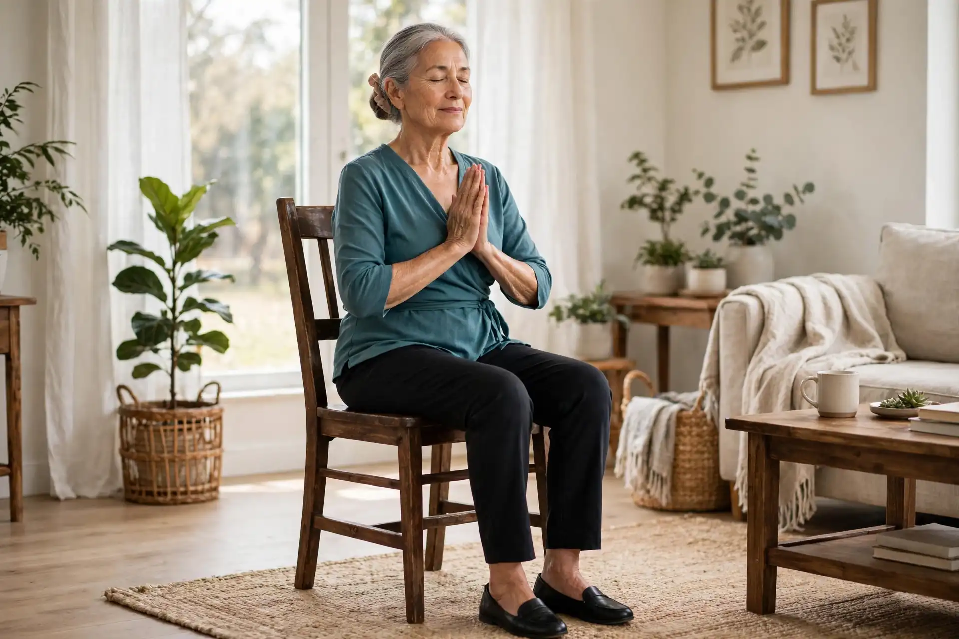 Senior woman seated in a wooden chair with palms pressed gently together in front of her chest, eyes softly closed