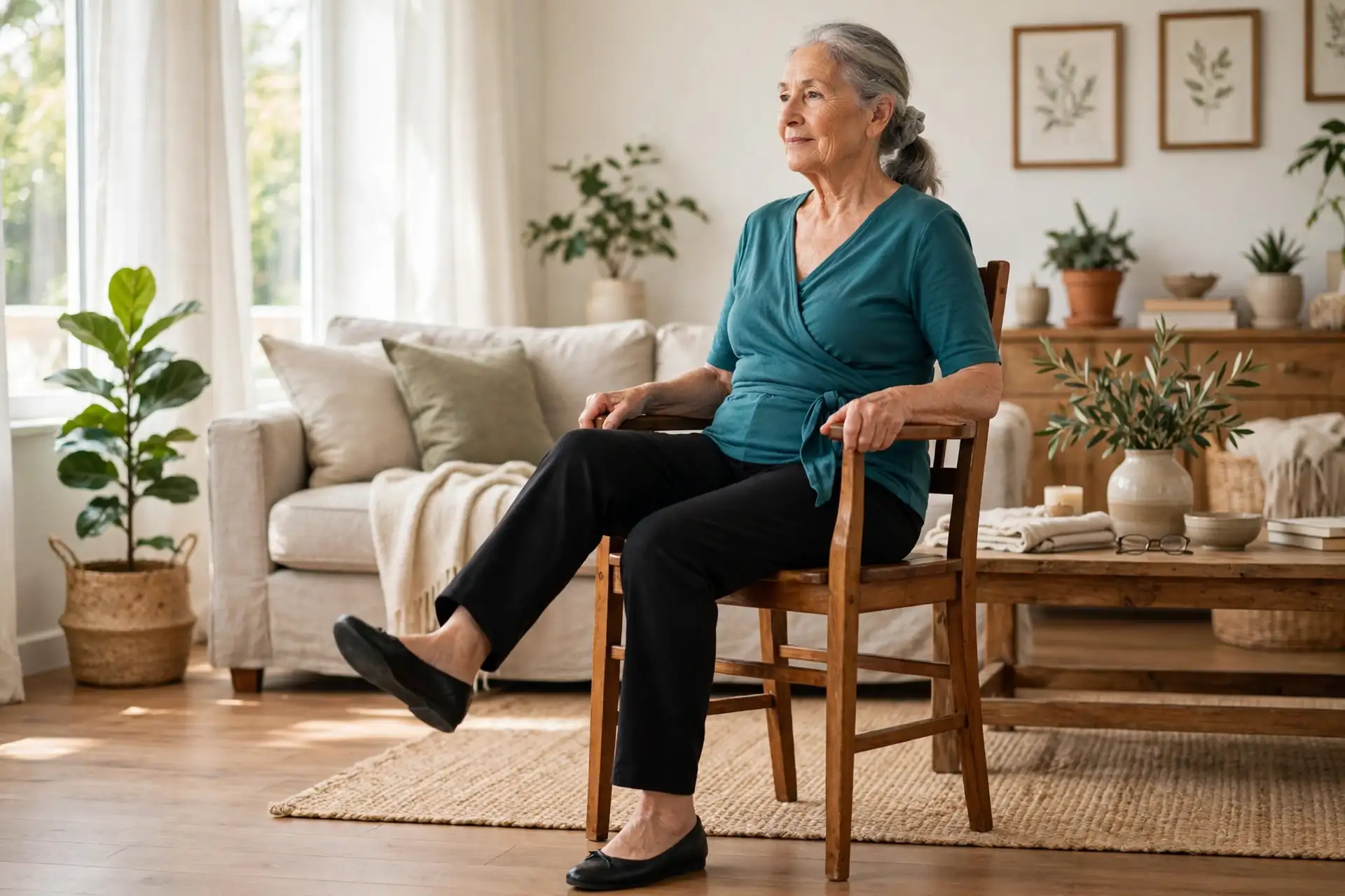 Senior woman seated in a wooden chair doing seated marching, one foot lifted a few inches off the floor, hands holding the sides of the chair