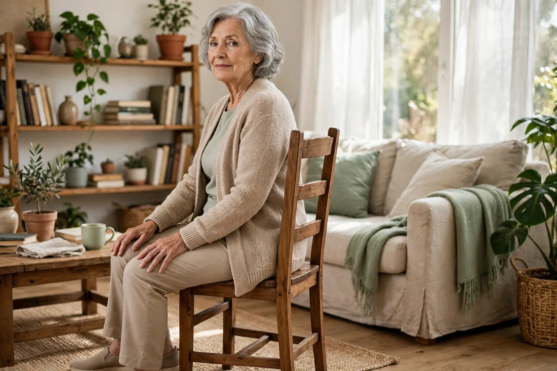 Senior woman doing seated waist turns, torso and head turned gently to look behind over one shoulder with feet flat on the floor