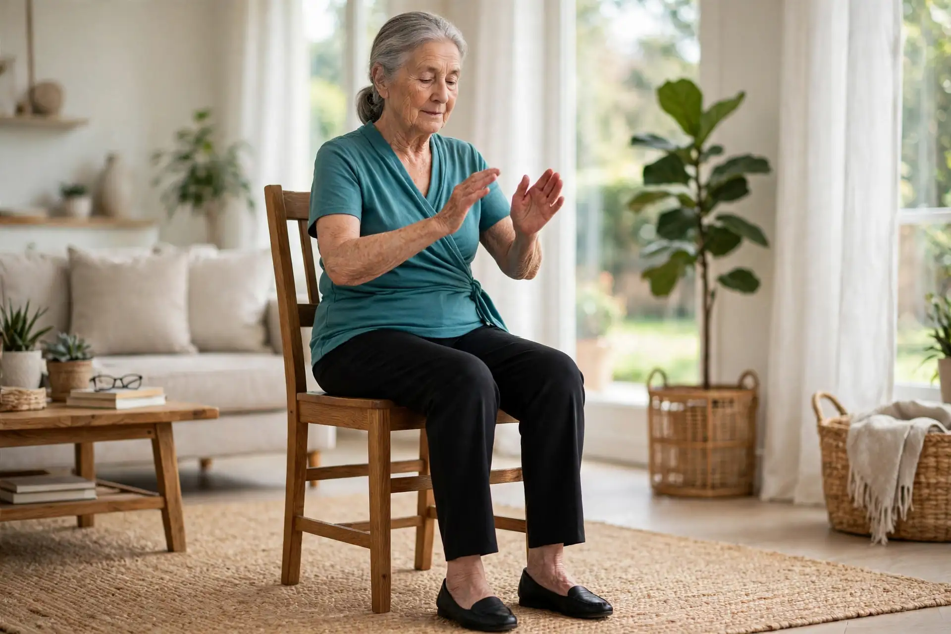 Senior woman seated in a wooden chair making slow circles with her wrists, hands raised in front of her at chest height