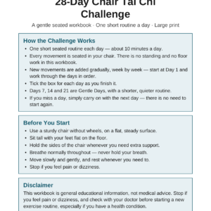 28-Day Chair Tai Chi Challenge printable workbook — gentle seated daily routines, large print
