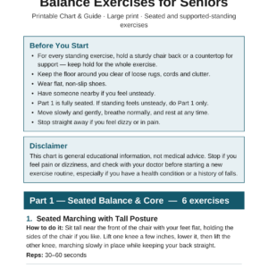 Balance Exercises for Seniors printable chart — seated and supported standing exercises, large print