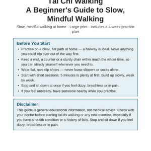 Tai Chi Walking printable guide for beginners — slow mindful walking practice and 4-week plan, large print