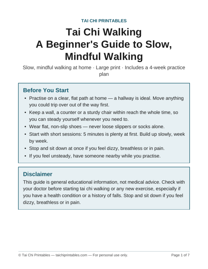 Tai Chi Walking printable guide for beginners — slow mindful walking practice and 4-week plan, large print