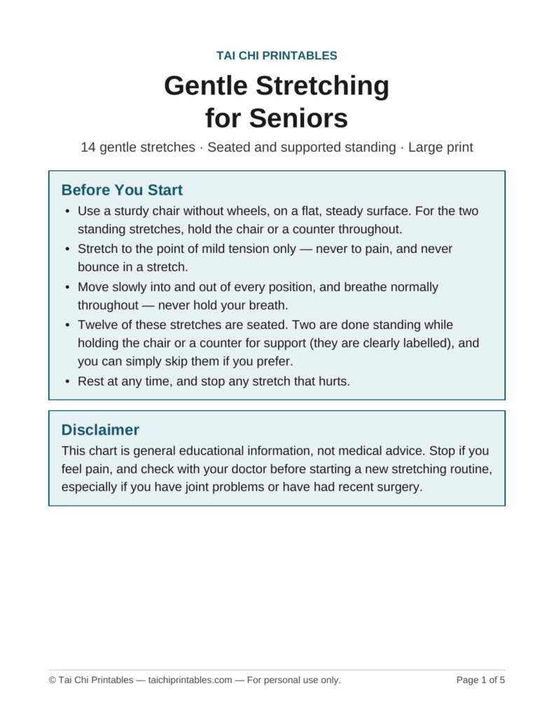 Gentle Stretching for Seniors printable chart — 14 gentle stretches, large print