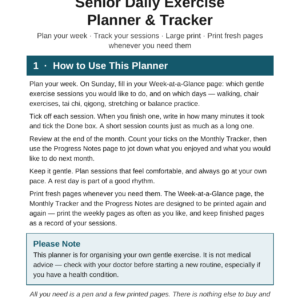 Senior Daily Exercise Planner and Tracker printable — weekly planner and monthly tracker pages, large print