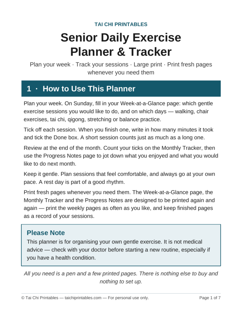 Senior Daily Exercise Planner and Tracker printable — weekly planner and monthly tracker pages, large print