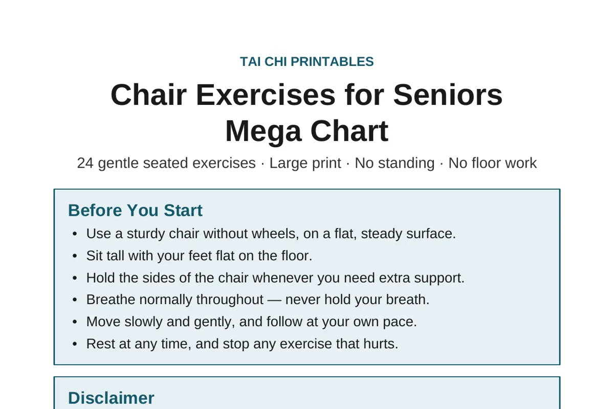 Page 1 of the free Chair Exercises for Seniors Mega Chart printable PDF, showing large-print seated exercises