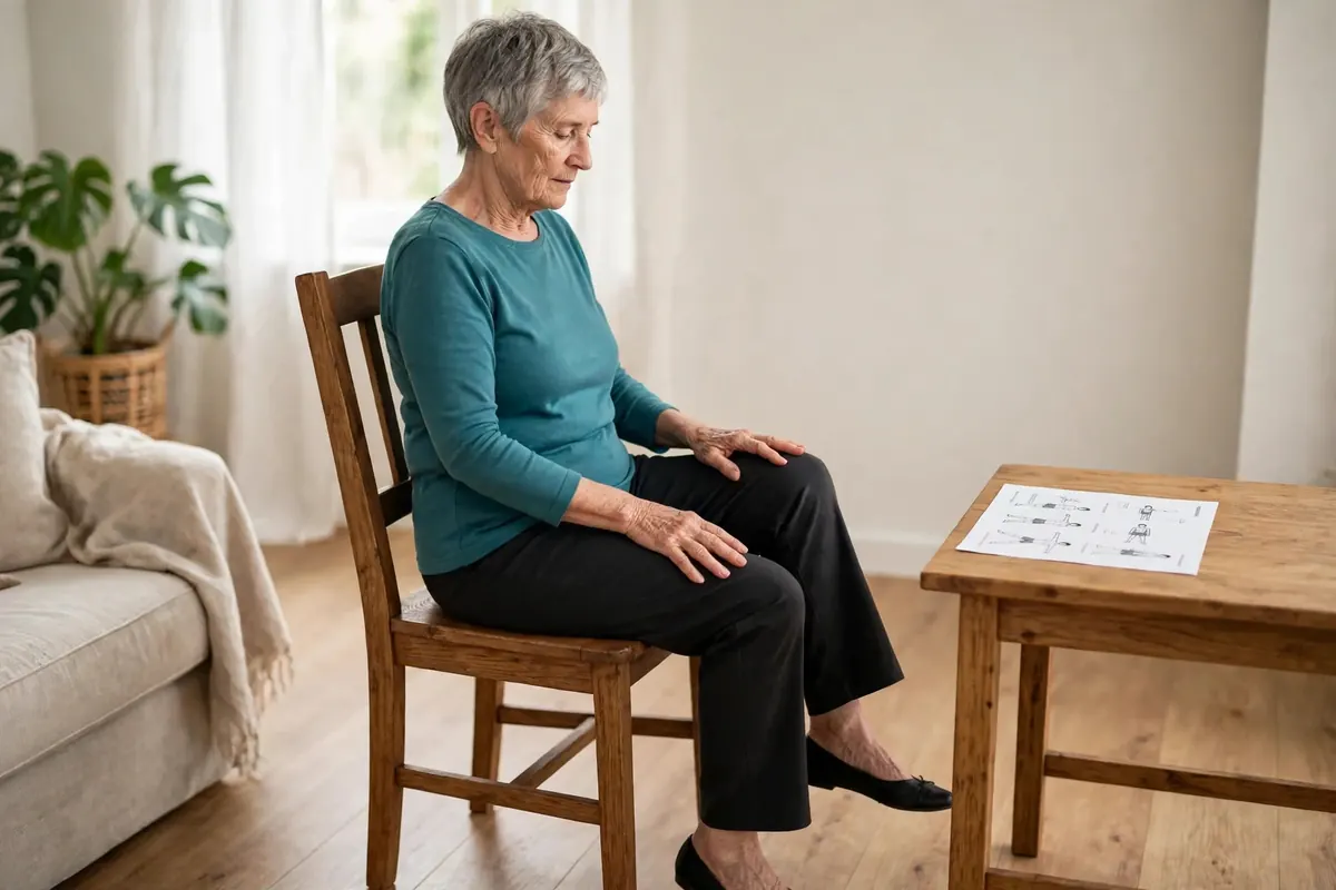 Senior woman doing seated ankle circles, one foot lifted just off the floor with the toes drawing a slow circle