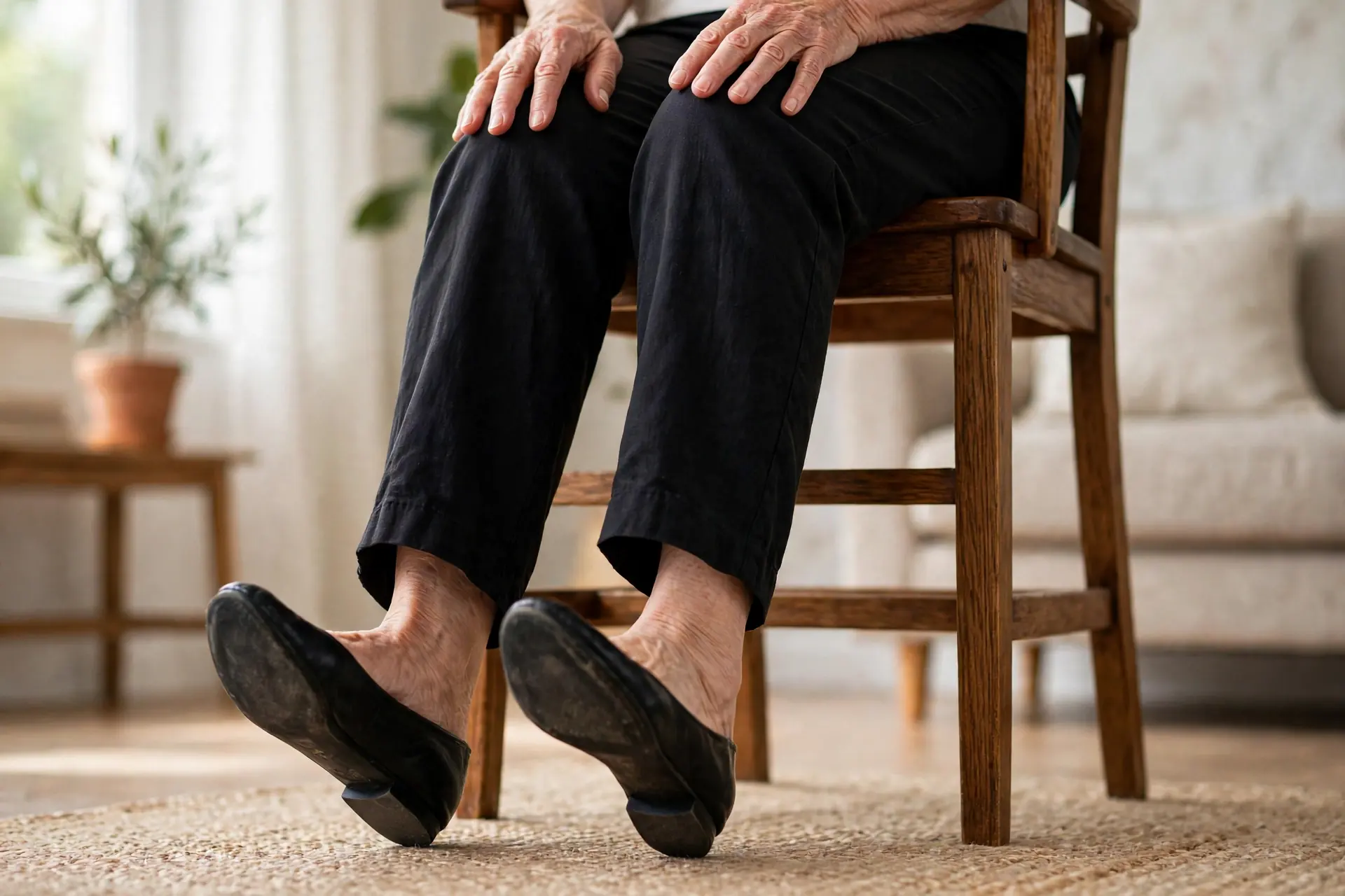 Close view of a senior woman's feet doing seated heel raises in flat shoes, both heels lifted with toes pressed on the floor