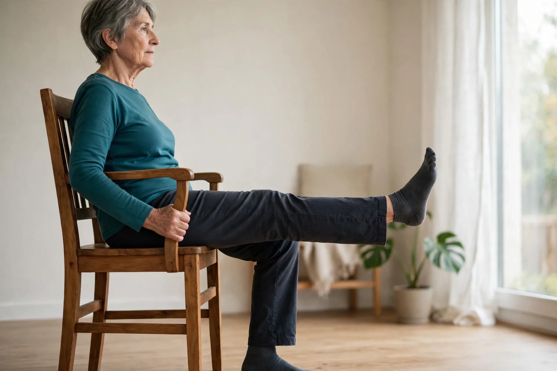 Senior doing seated leg extensions, one leg straightened out in front with the other foot flat on the floor