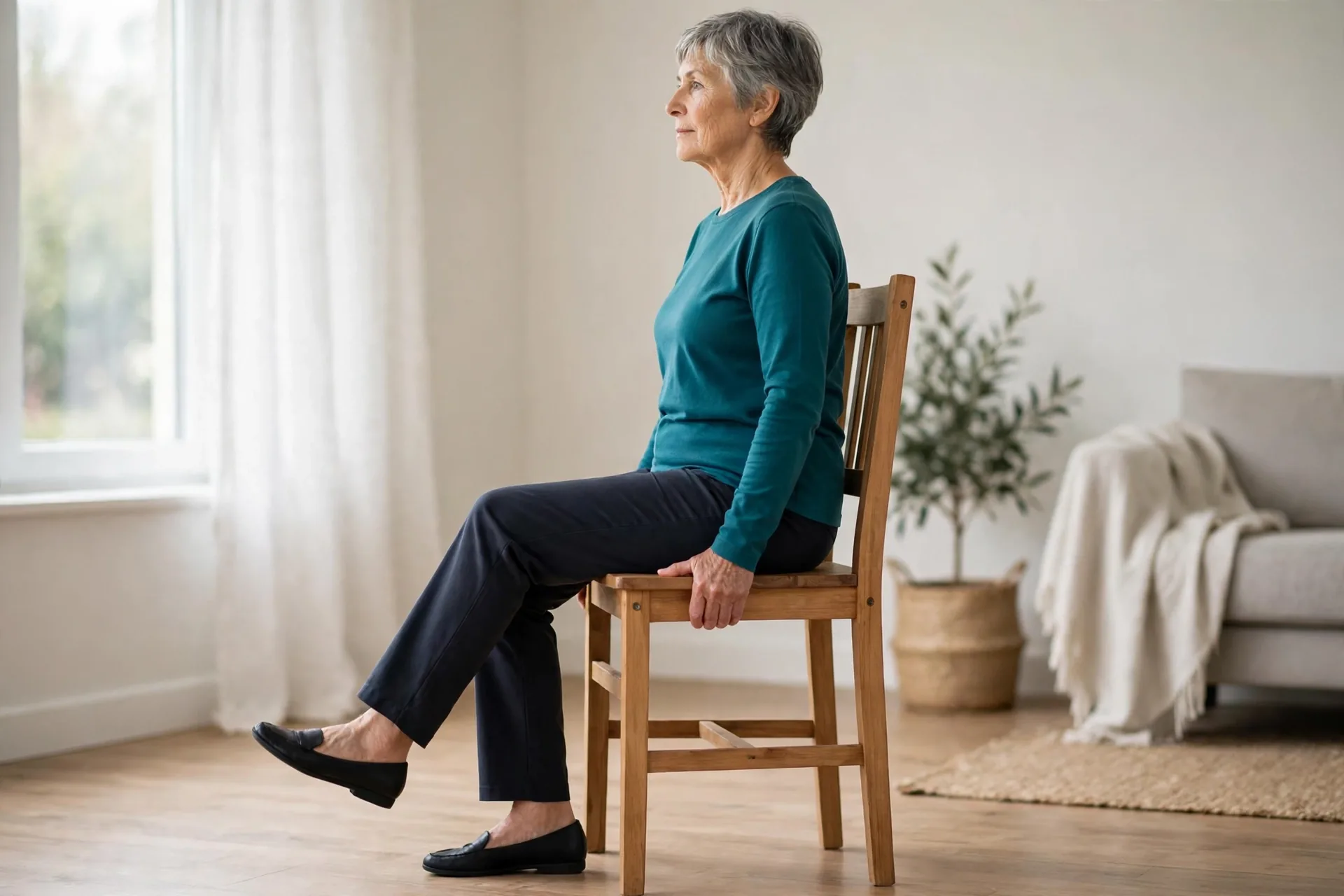 Senior doing seated marching in a sturdy chair, lifting one knee at a time as if marching in place