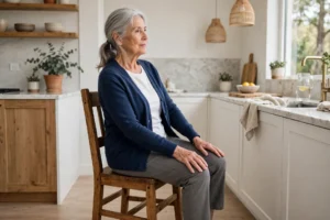 Senior woman doing seated weight shifts in a sturdy chair, gently shifting her weight from one side to the other