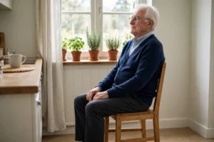 Senior man doing gentle seated shoulder rolls in a sturdy chair in a bright kitchen nook