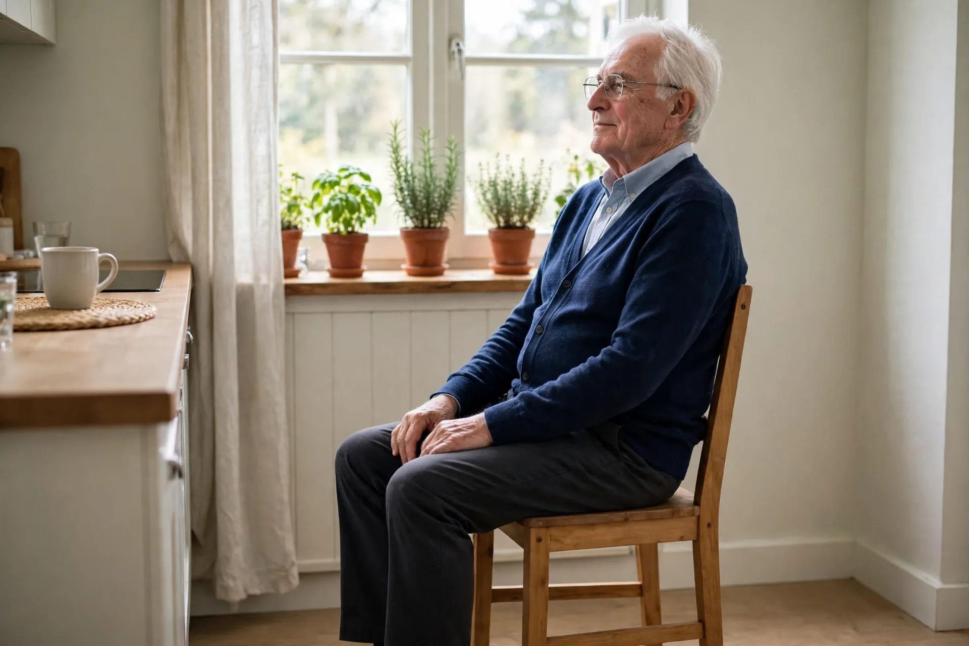 Senior man doing gentle seated shoulder rolls in a sturdy chair in a bright kitchen nook