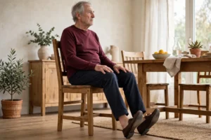 Senior man doing seated toe raises with heels on the floor and the fronts of his feet lifted