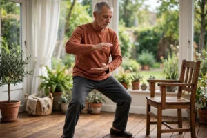 Senior man practising tai chi Cloud Hands standing at home, hands drifting at waist height as his weight shifts to one side