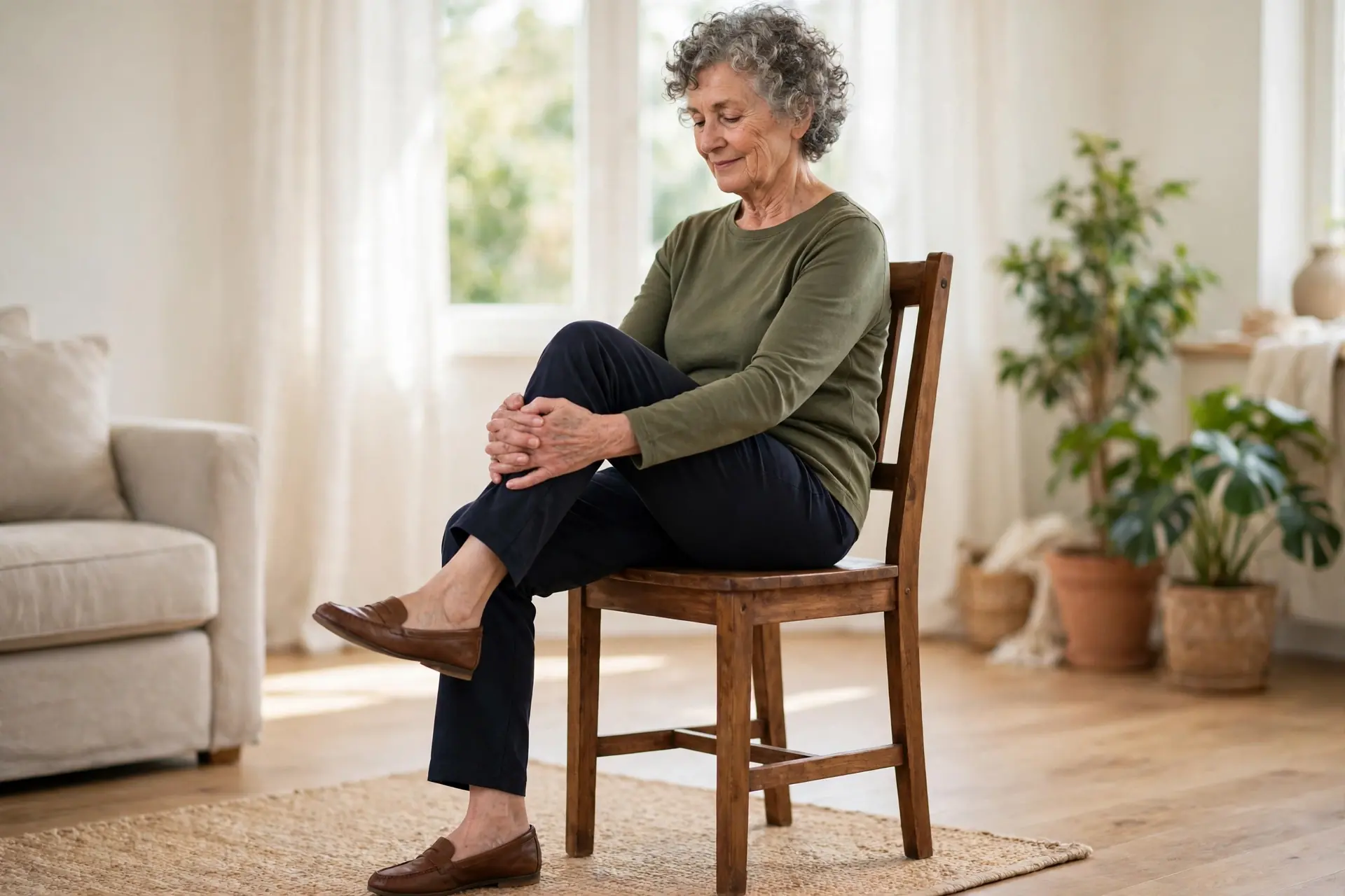Senior woman doing seated knee-to-chest in a cushioned armchair, gently hugging one knee toward her chest