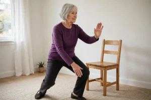 Senior woman practising the tai chi movement Brush Knee and Push standing at home, one hand brushing down past her knee as the other pushes forward, a sturdy chair beside her
