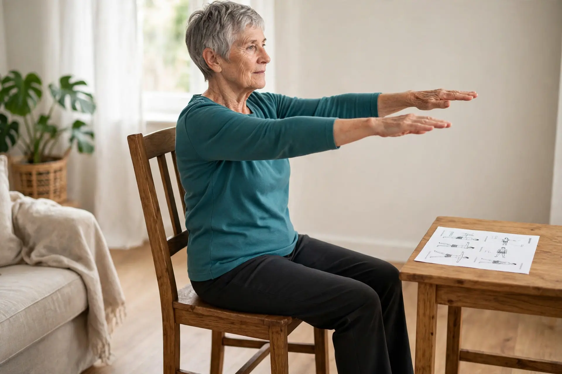 Senior woman doing seated arm raises in a sturdy chair, lifting both arms slowly in front of her