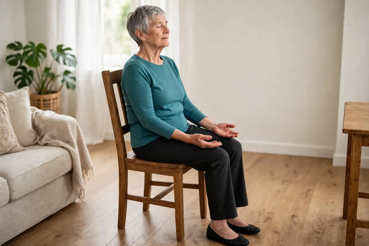 Senior woman finishing the chair exercises seated tall with eyes gently closed, hands resting palms-up on her thighs