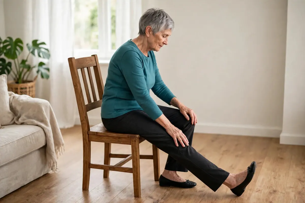 Senior woman doing a seated hamstring stretch, one leg extended with heel on the floor and toes up, leaning forward slightly with a straight back