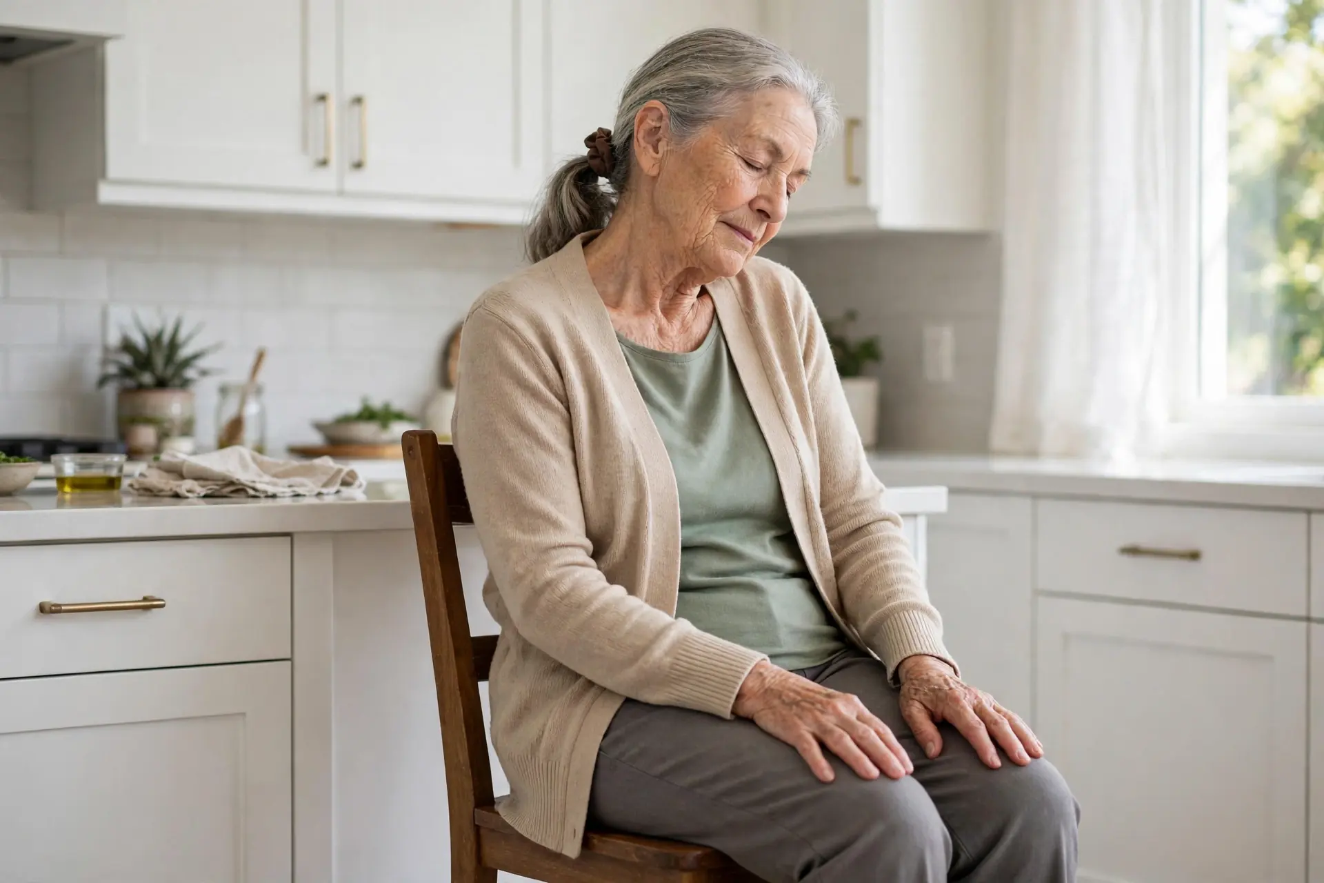 Senior woman doing seated neck half-circles in a sturdy chair, chin dropped toward her chest with her head rolled gently toward one shoulder