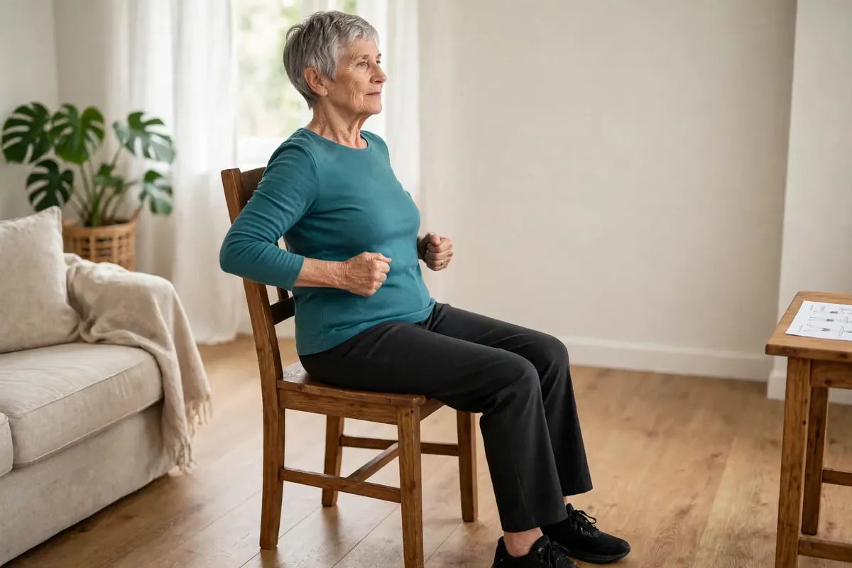 Senior woman doing seated rows, both elbows bent and pulled back beside her ribs as if rowing