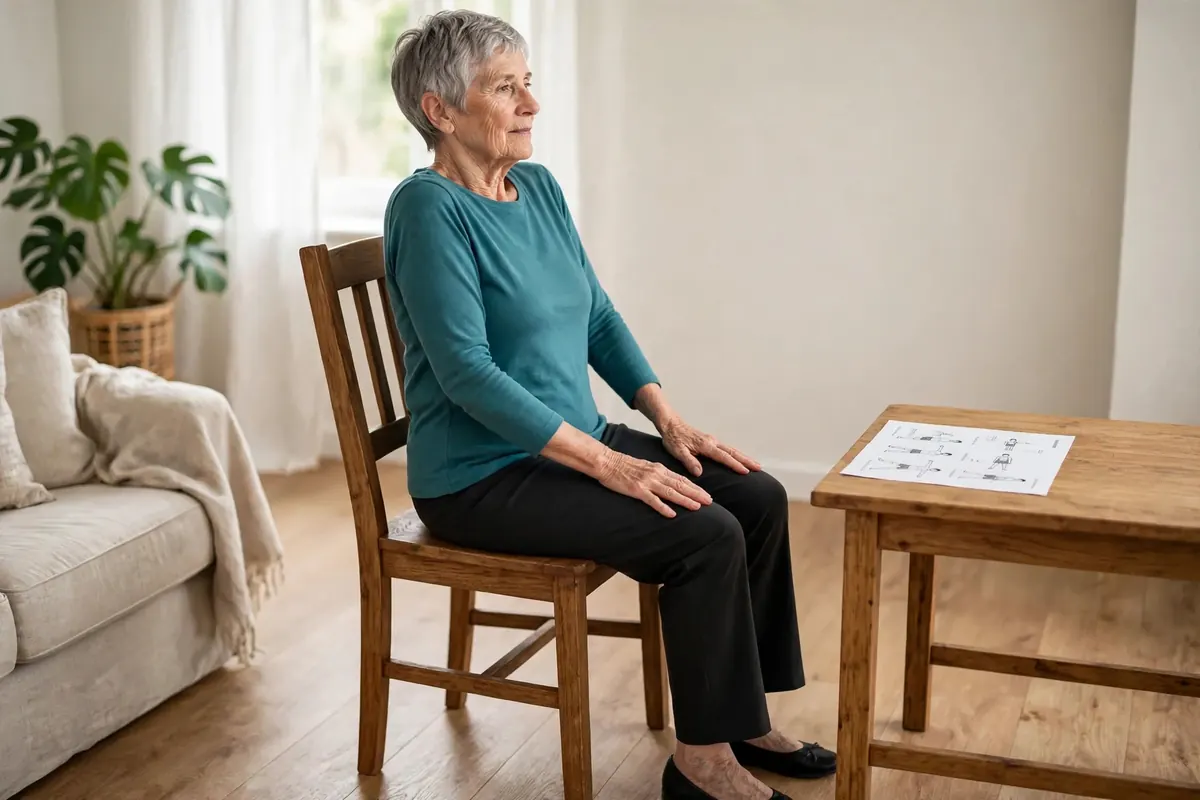 Senior woman doing seated shoulder rolls in a sturdy wooden chair, sitting tall with hands resting on her thighs