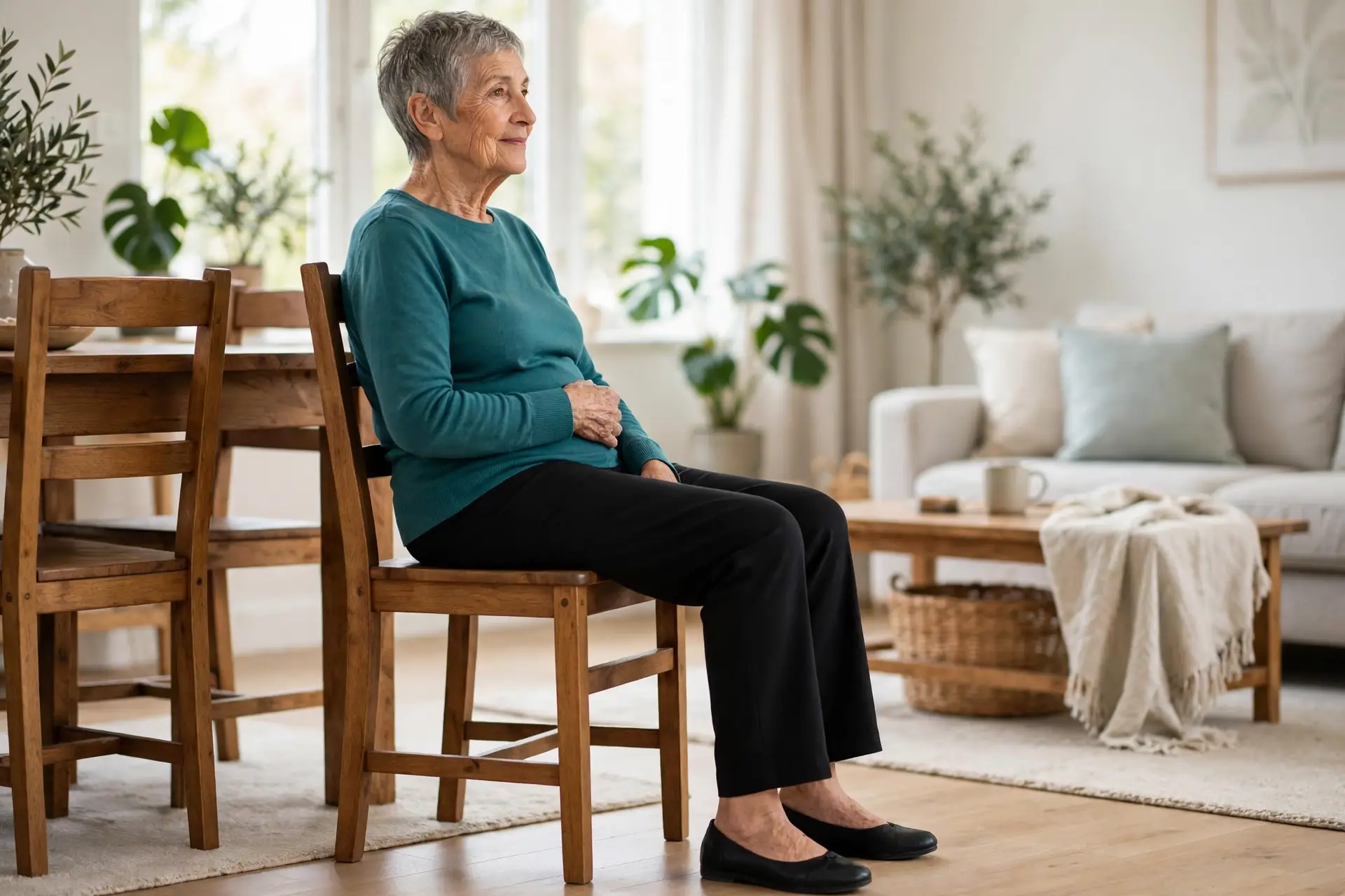Senior woman doing seated twists in a sturdy chair, turned gently from the waist while her hips and feet stay facing forward