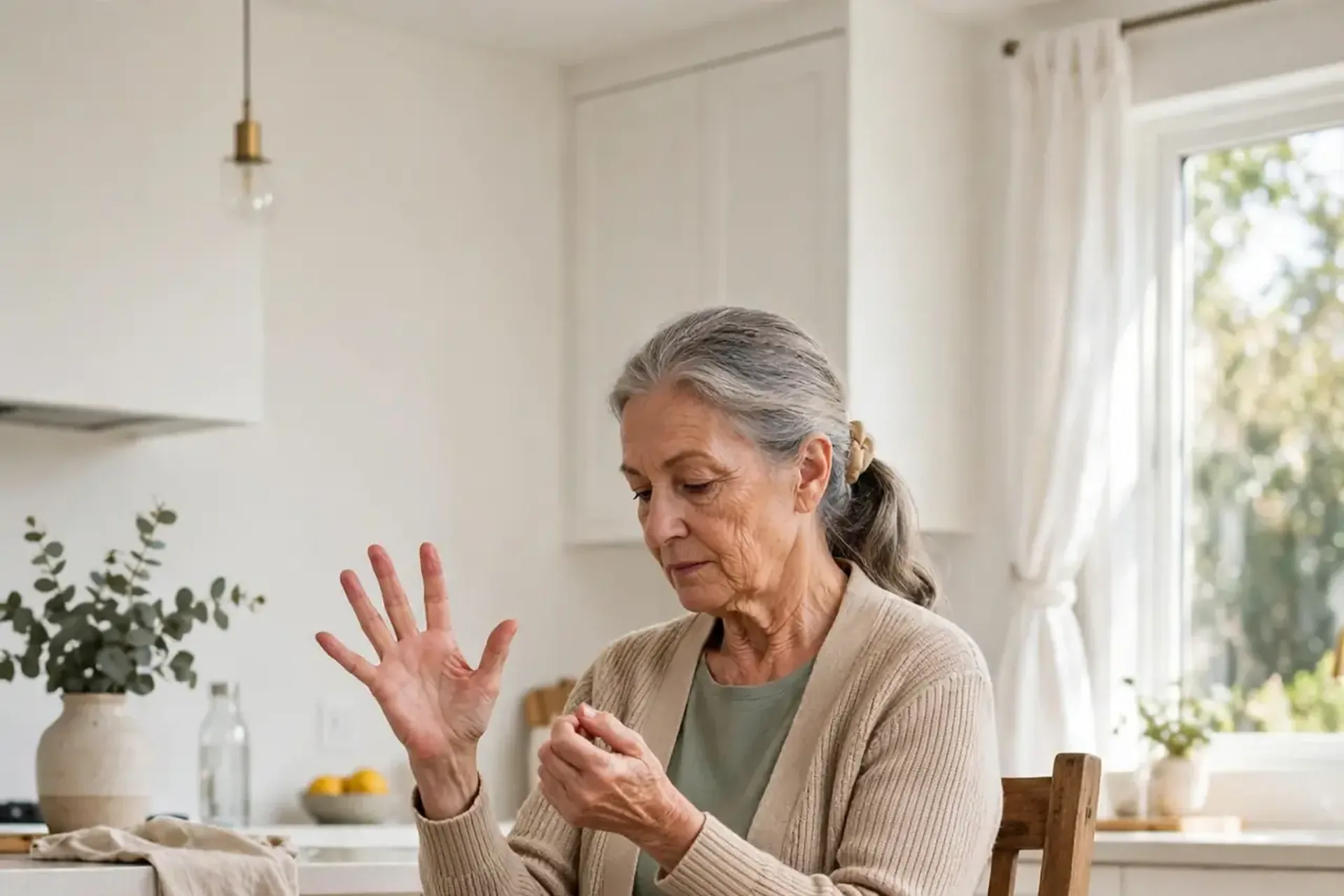 Senior woman doing seated wrist circles and finger squeezes, hands held up in front of her chest, one hand open wide and the other closing into a gentle fist