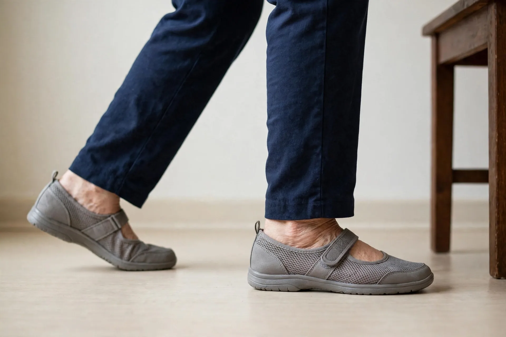 Senior taking a basic tai chi walking step, weight shifting fully onto one foot before stepping with the other