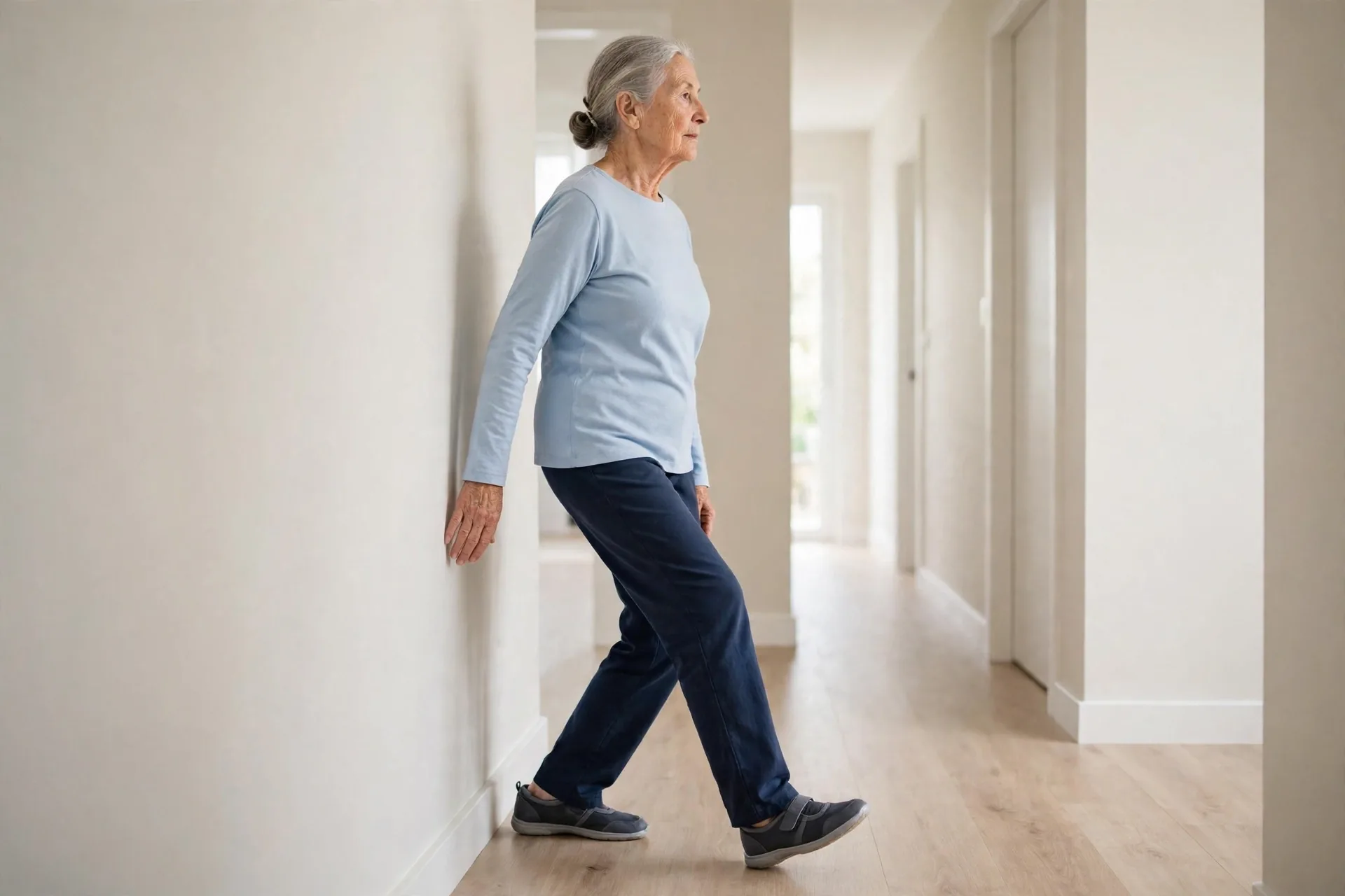 Senior practising slow tai chi walking along a bright hallway at home