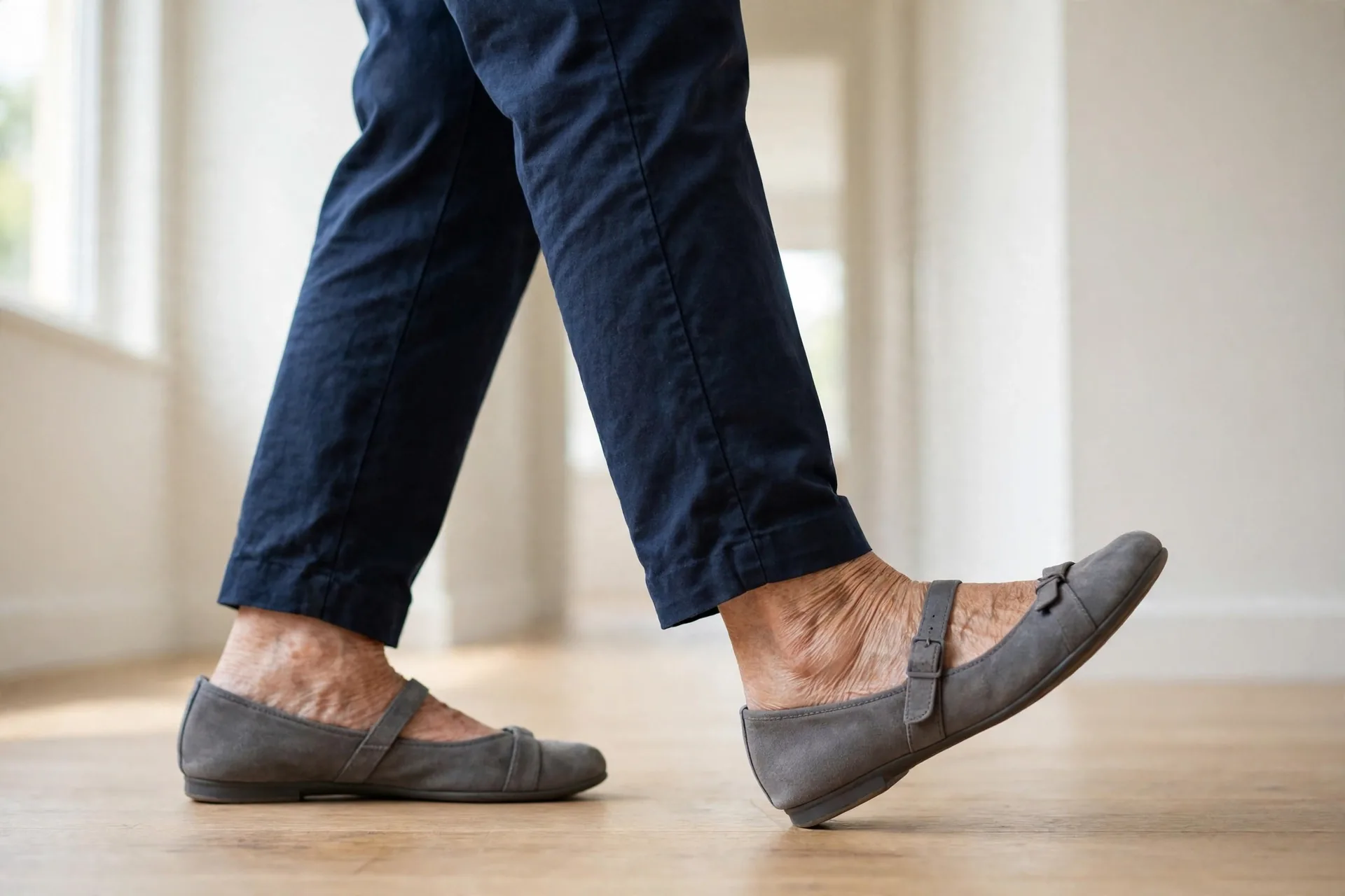 Close view of a senior's feet mid tai chi walking step, the front foot landing heel first with toes still slightly raised