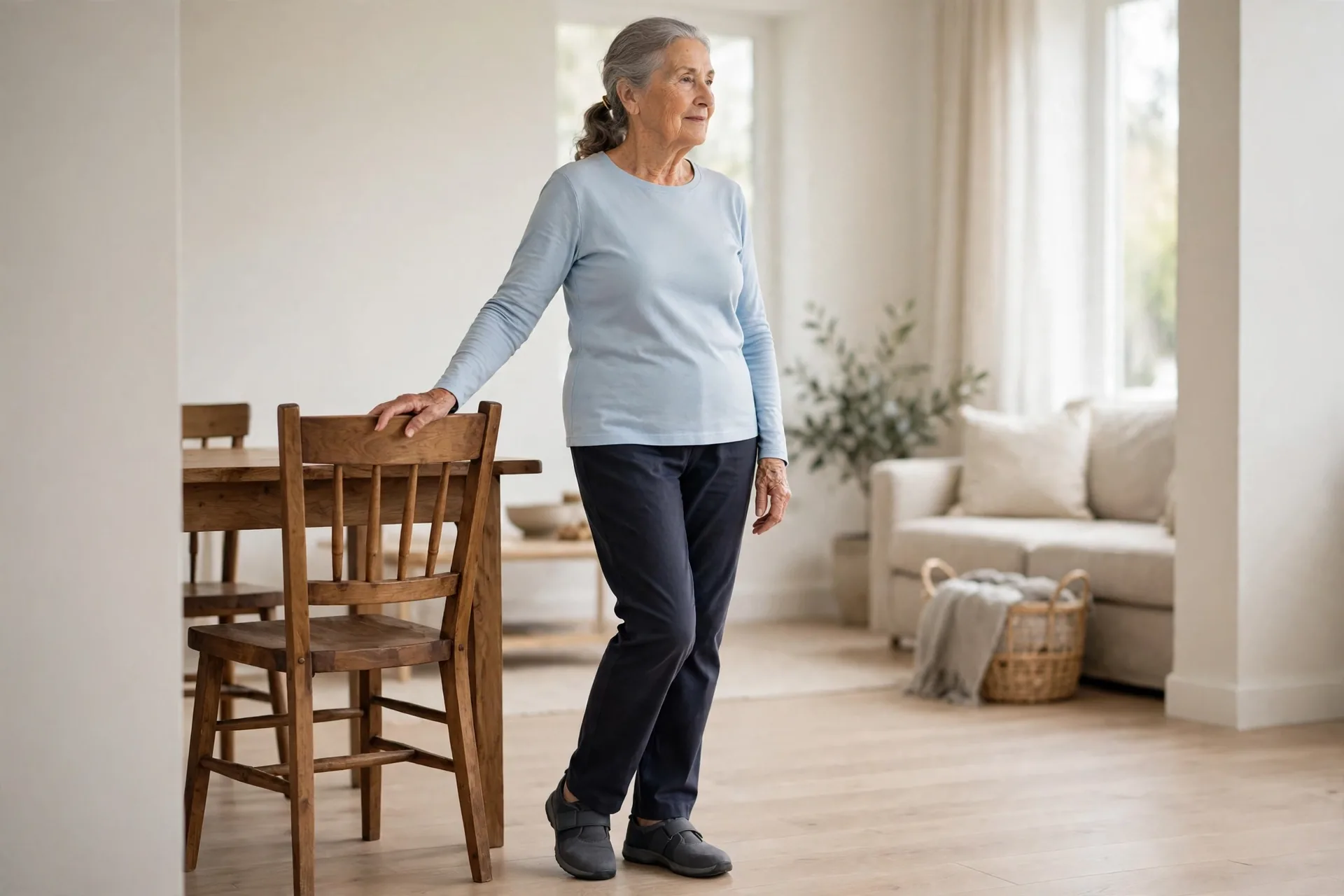 Senior practising tai chi walking weight shifts while holding the back of a sturdy chair for support
