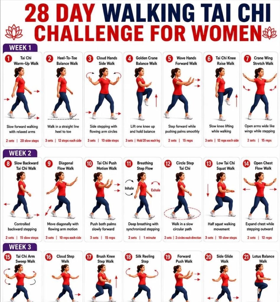 28 Day Walking Tai Chi Challenge for Women – Printable PDF – 4 Week Balance & Flexibility Program – All Levels – Gentle Daily Workout